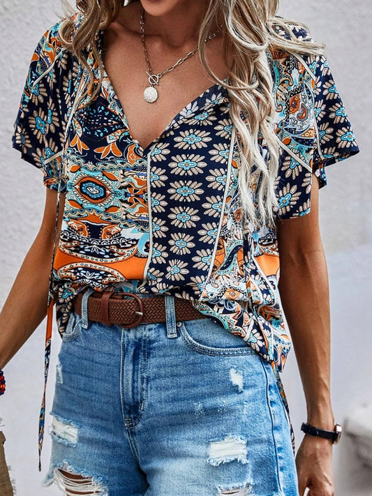 Printed Tie Neck Short Sleeve Blouse