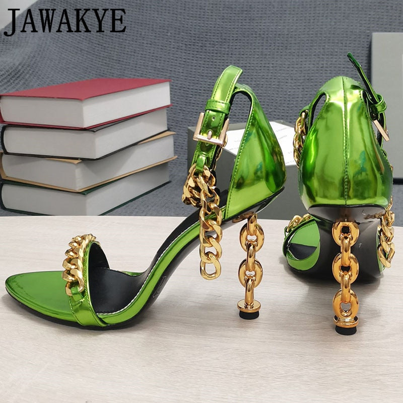 Luxury Gold Chain Heel Sandals Summer Sexy Brand Ankle Strap Party Shoes High Heel Sandals Celebrity Women Dress Shoes