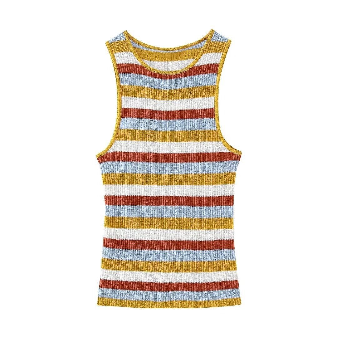 Sexy sleeveless striped knitted vest for women's outer wear plus European and American style slim long skirt