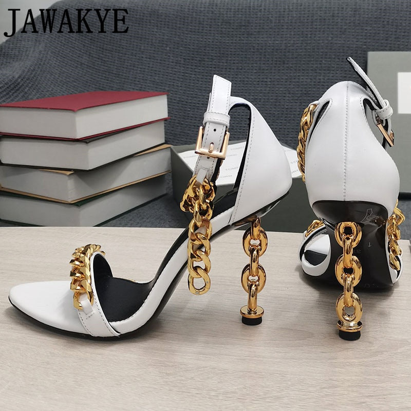 Luxury Gold Chain Heel Sandals Summer Sexy Brand Ankle Strap Party Shoes High Heel Sandals Celebrity Women Dress Shoes