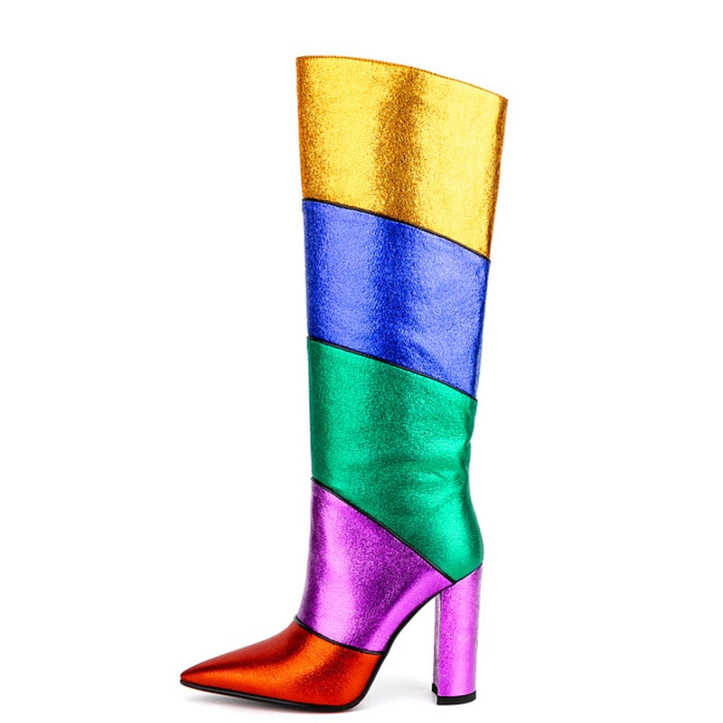 Colors Patchwork Women Rainbow Knee High Boots Big Size 44 High Chunky Heels Long Booties Custom Logo Ladies Shoes