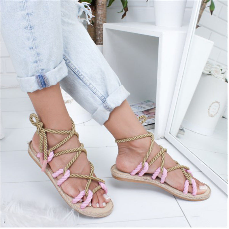 Flat Bottom Hemp Rope Surface Roman Shoes Women&#039;s Sandals