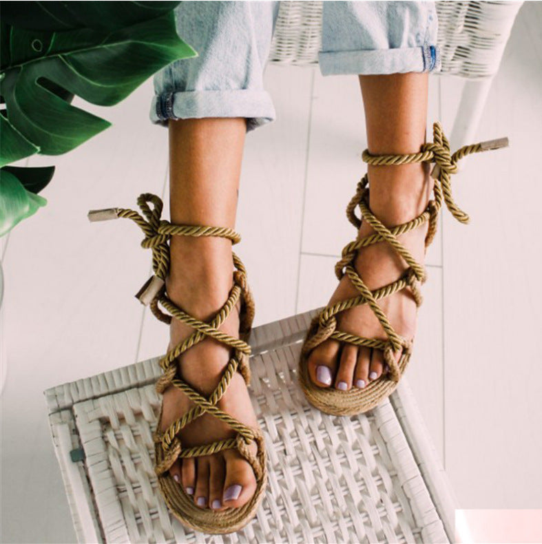 Flat Bottom Hemp Rope Surface Roman Shoes Women&#039;s Sandals