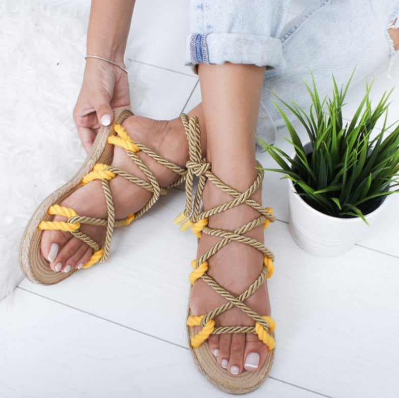 Flat Bottom Hemp Rope Surface Roman Shoes Women&#039;s Sandals