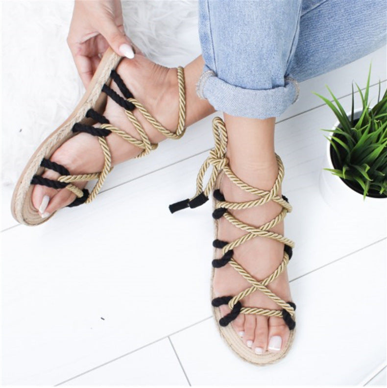 Flat Bottom Hemp Rope Surface Roman Shoes Women&#039;s Sandals