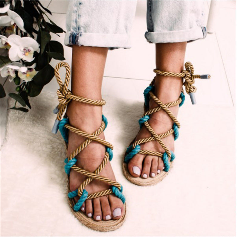 Flat Bottom Hemp Rope Surface Roman Shoes Women&#039;s Sandals