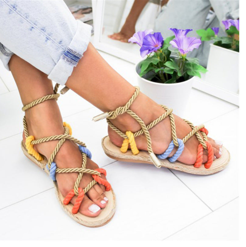 Flat Bottom Hemp Rope Surface Roman Shoes Women&#039;s Sandals