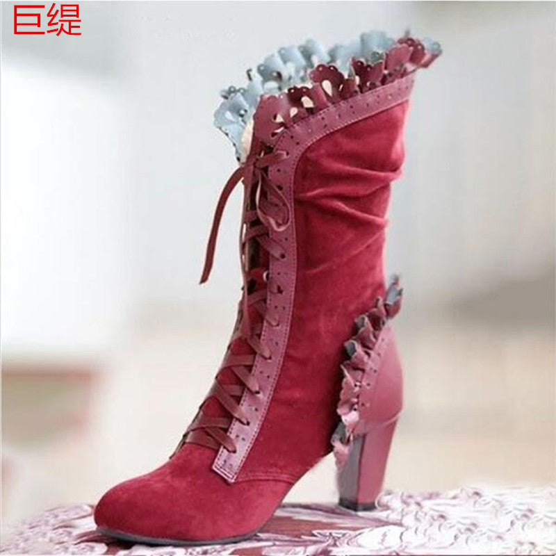 Wish European And American Foreign Trade Large Size Lace Women&#039;s High-heeled Mid-tube Boots Women&#039;s Leather Boots