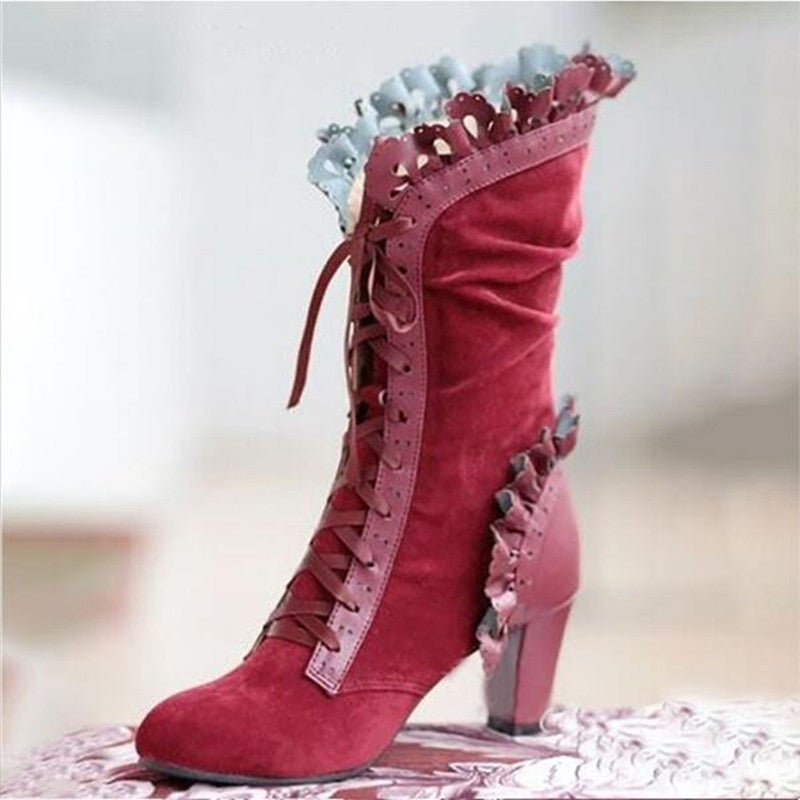 Wish European And American Foreign Trade Large Size Lace Women&#039;s High-heeled Mid-tube Boots Women&#039;s Leather Boots