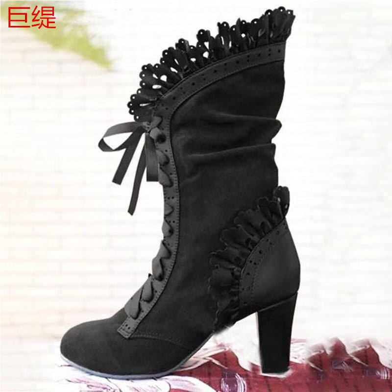 Wish European And American Foreign Trade Large Size Lace Women&#039;s High-heeled Mid-tube Boots Women&#039;s Leather Boots