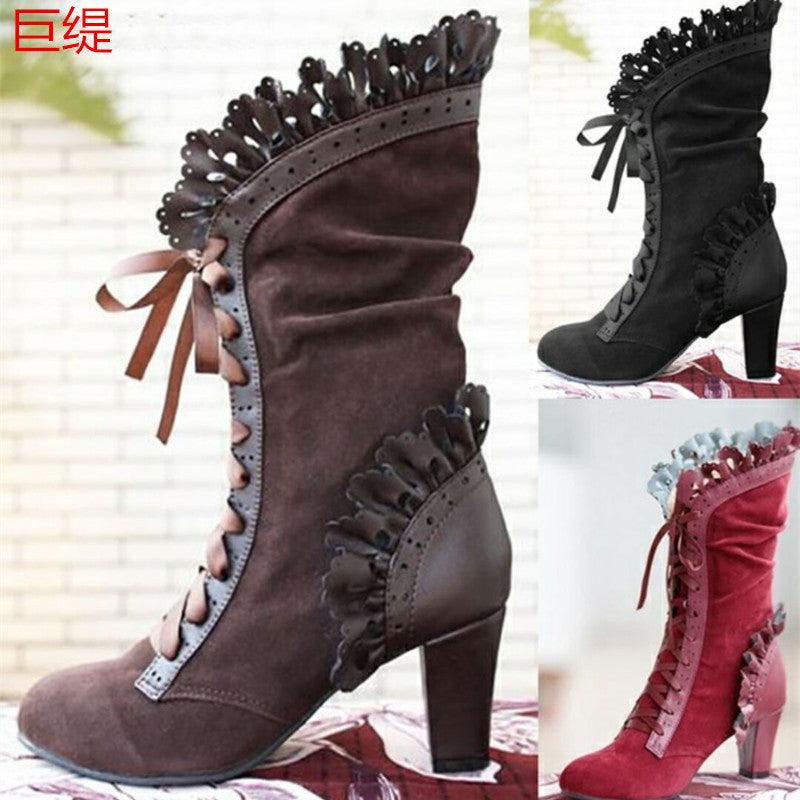 Wish European And American Foreign Trade Large Size Lace Women&#039;s High-heeled Mid-tube Boots Women&#039;s Leather Boots