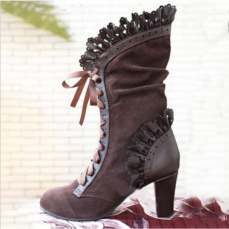 Wish European And American Foreign Trade Large Size Lace Women&#039;s High-heeled Mid-tube Boots Women&#039;s Leather Boots