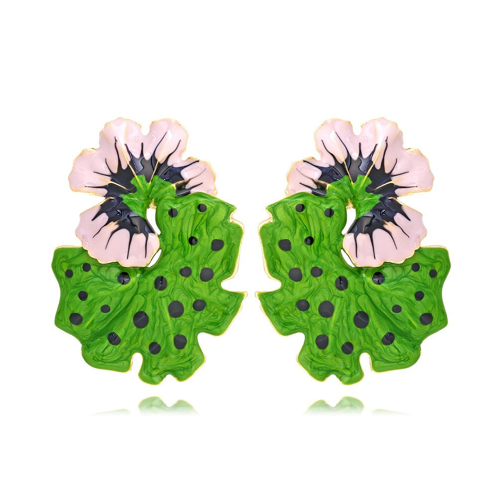 Light Luxury Storm Drops Oil Leaves Flowers Exaggerate Enamel Flower Leaves Earrings