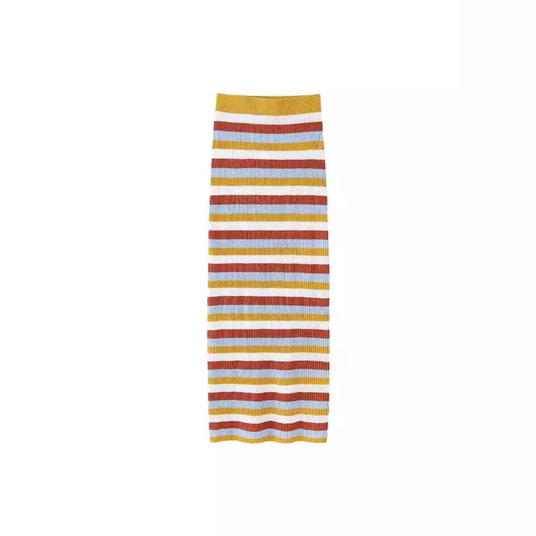 Sexy sleeveless striped knitted vest for women's outer wear plus European and American style slim long skirt