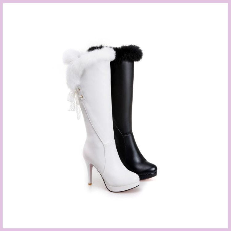 New 2020 Winter Fluffy High Boots Black White Plus Velvet Women&#039;s Boots Thin Heel Sexy