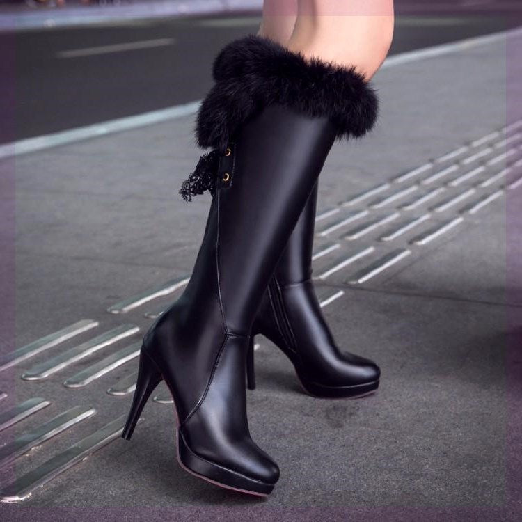 New 2020 Winter Fluffy High Boots Black White Plus Velvet Women&#039;s Boots Thin Heel Sexy