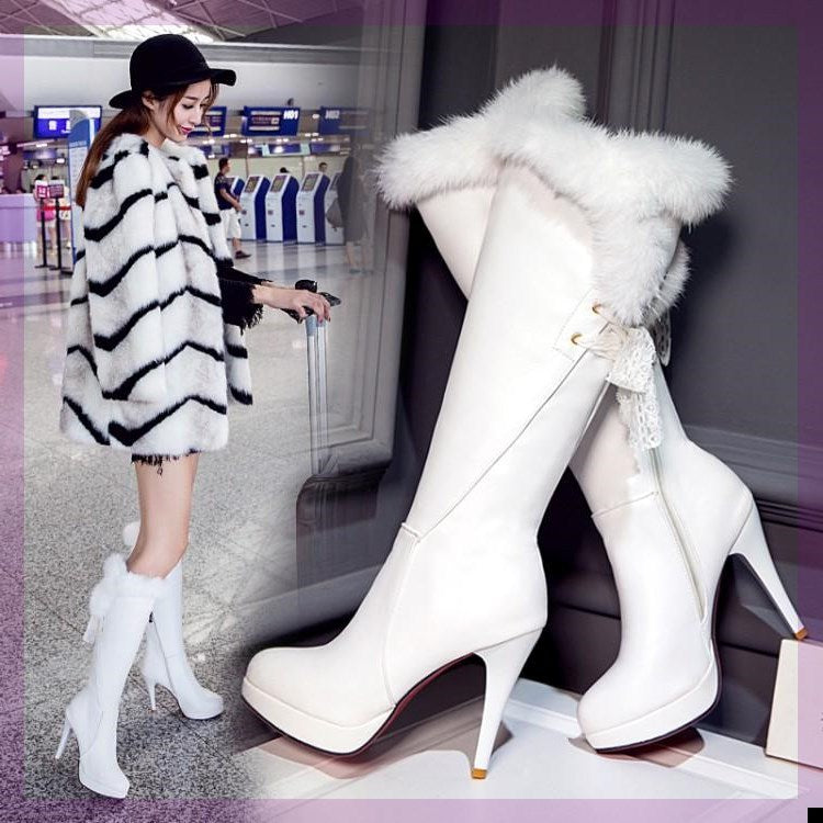 New 2020 Winter Fluffy High Boots Black White Plus Velvet Women&#039;s Boots Thin Heel Sexy