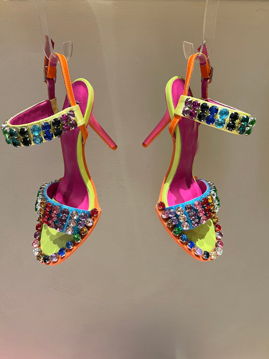 Newest Rhinestones High Heel Sandals Summer Open Toe Ankle Strap Dress Shoes Colorful Stones Wedding Heels