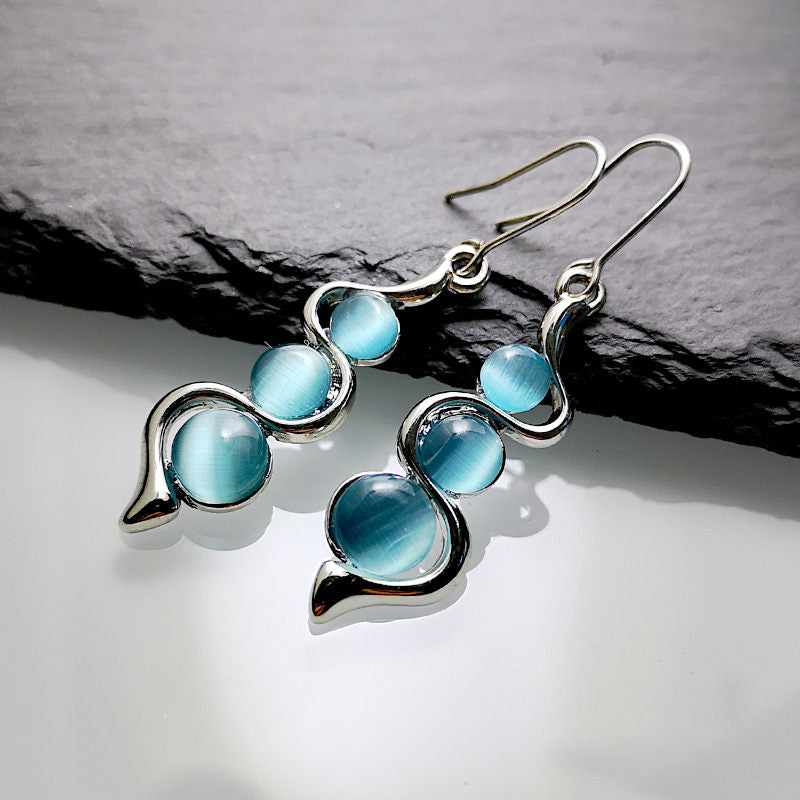 Fashion Beaded Earrings Resin Stone Blue Moonstone Dangle Long Jewelry Charm Silver Color Twist Hook Earring For Women