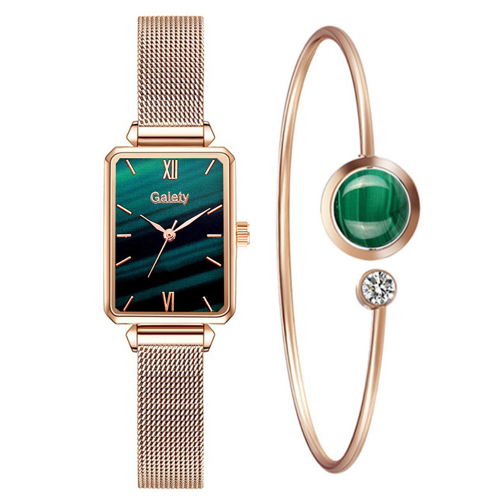 Lazy Retractable Magnet Buckle Peacock Green Elegant Ladies Mesh Belt Small Square Watch Korean Version Simple Bracelet Combination Set