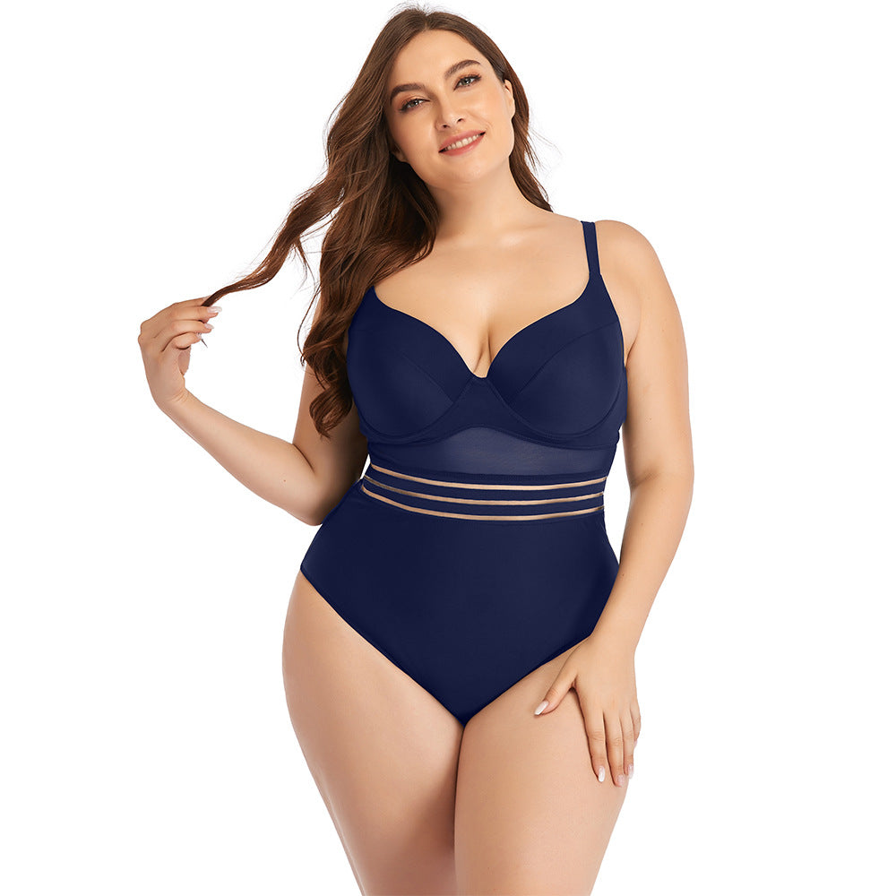 Large Size Swimsuit Women's One-Piece Plus Fat Mesh Hard Cup Plain Color Swimsuit