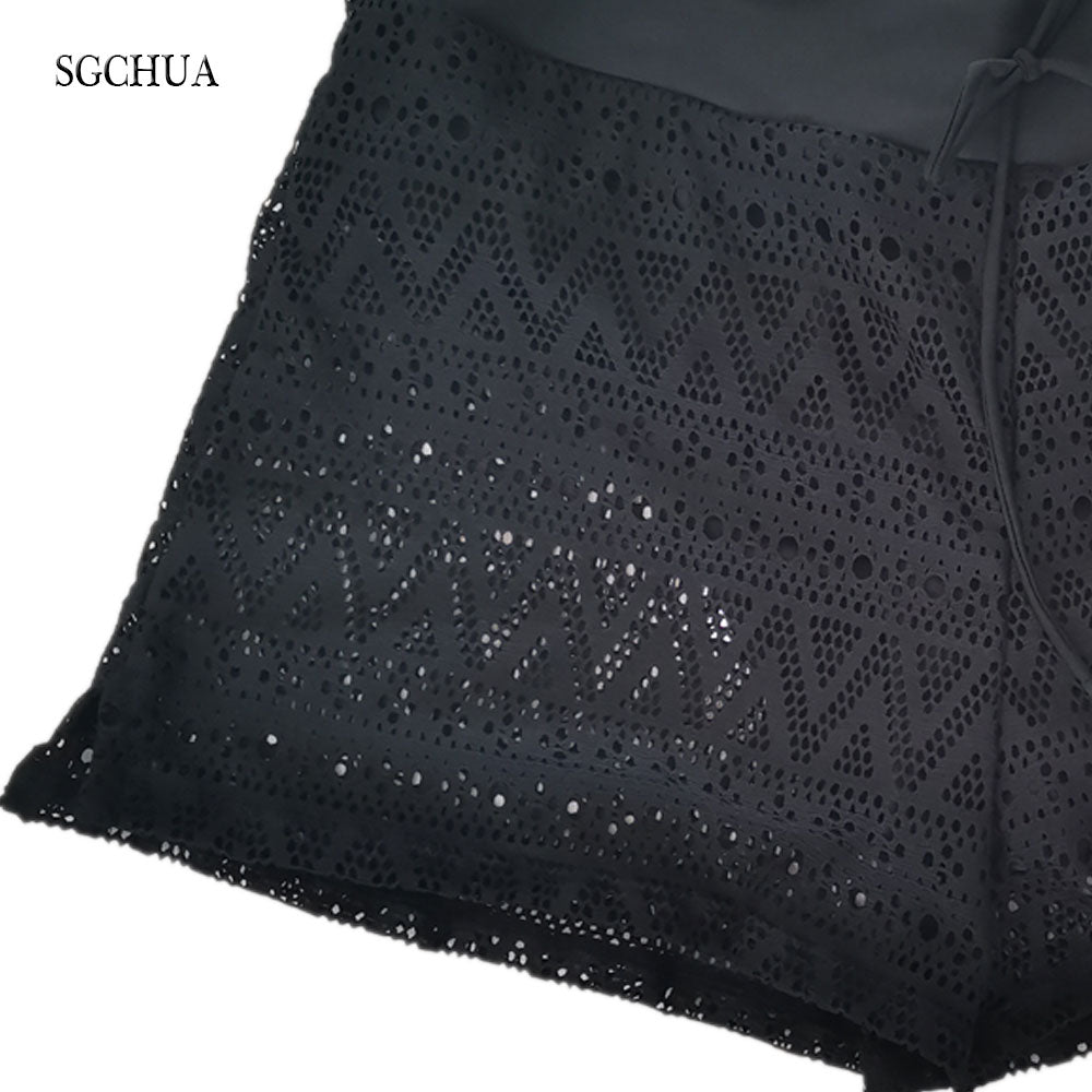 SGCHUA Sexy Black Mesh women's swimming trunks Plus Size  Blue Lace swimsuit bottom Fat Swim shorts Boxer Briefs New Panties