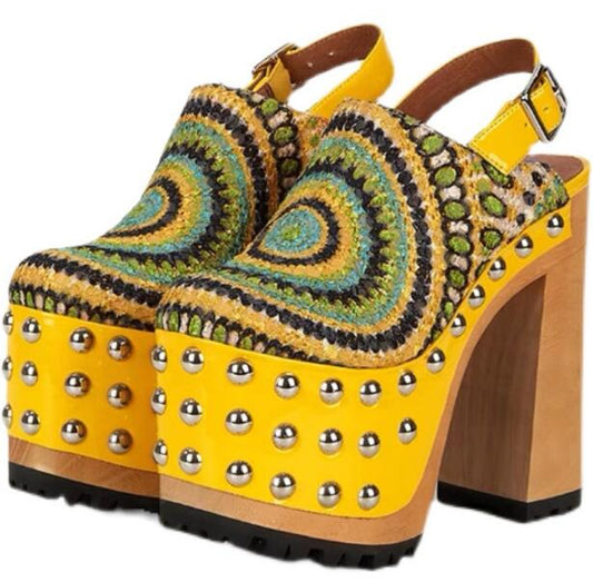 Peacock Cloth Rivet Thick Sole Platform Summer Sandals Woman Fashion Round Toe Block Chunky Wood Heels Slingback Yellow Shoes