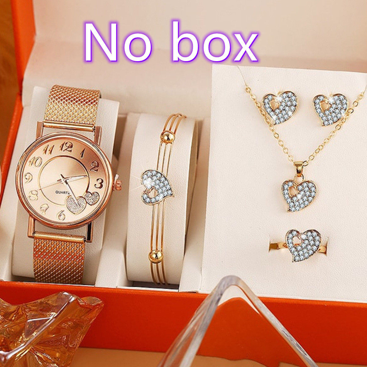 Fashion Love Plastic Mesh Belt + Peach Heart Four-piece Jewelry Set Ladies Five-piece Watch Gift Box Quartz Watch