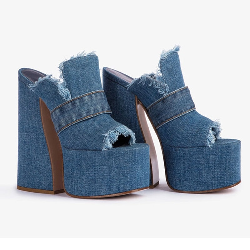 Processing time:7-15days after placing orders Summer New Fashion Tassels Women's Sandals Thick High Heel Platform Fish Mouth Shoes Denim Muller Pupms Slippers Big Size