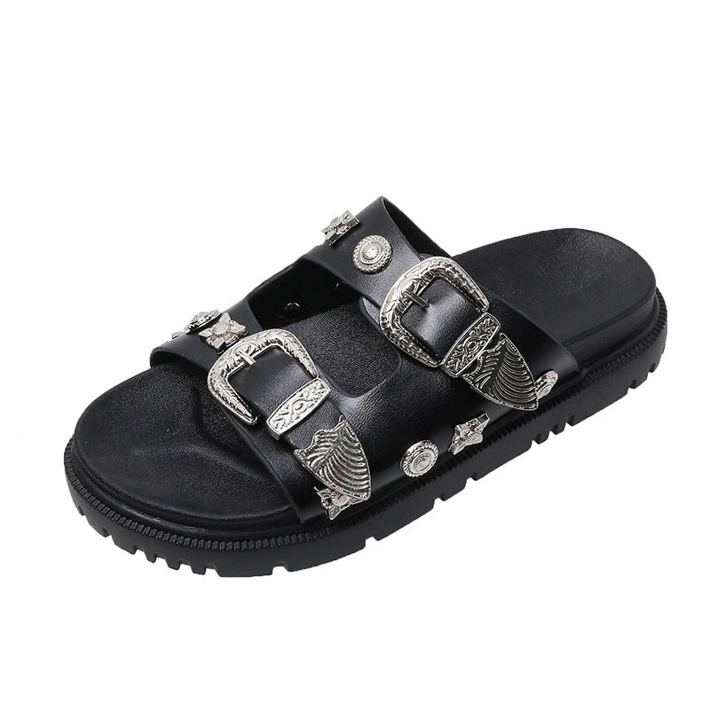 Black Real Leather Rivet Buckle Designer Flat Slippers Woman Round Toe Thick Sole Beach Sandal Summer Casual Fashion Mules Shoes