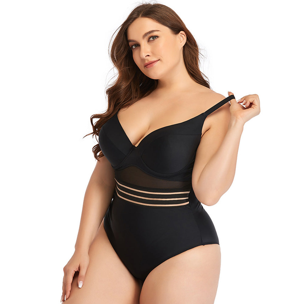 Large Size Swimsuit Women's One-Piece Plus Fat Mesh Hard Cup Plain Color Swimsuit