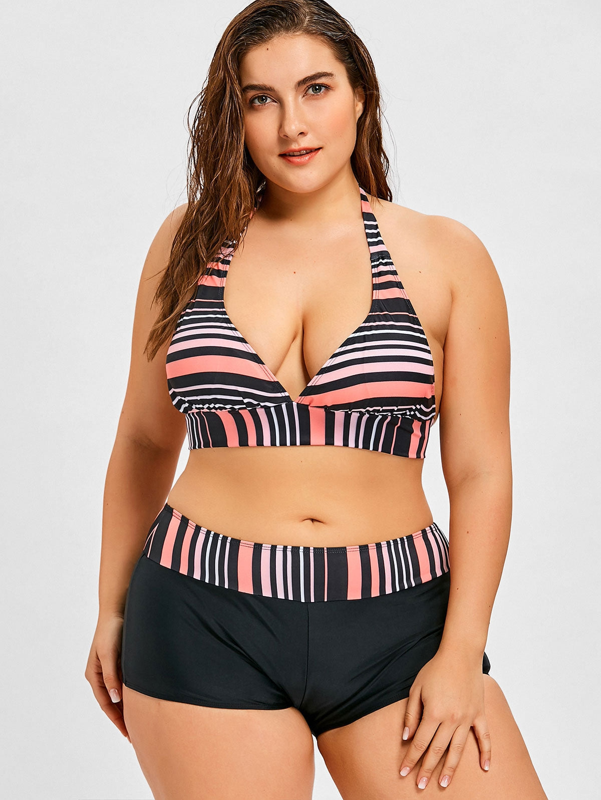 Striped Plus Size Plunge Boyshort Bikini