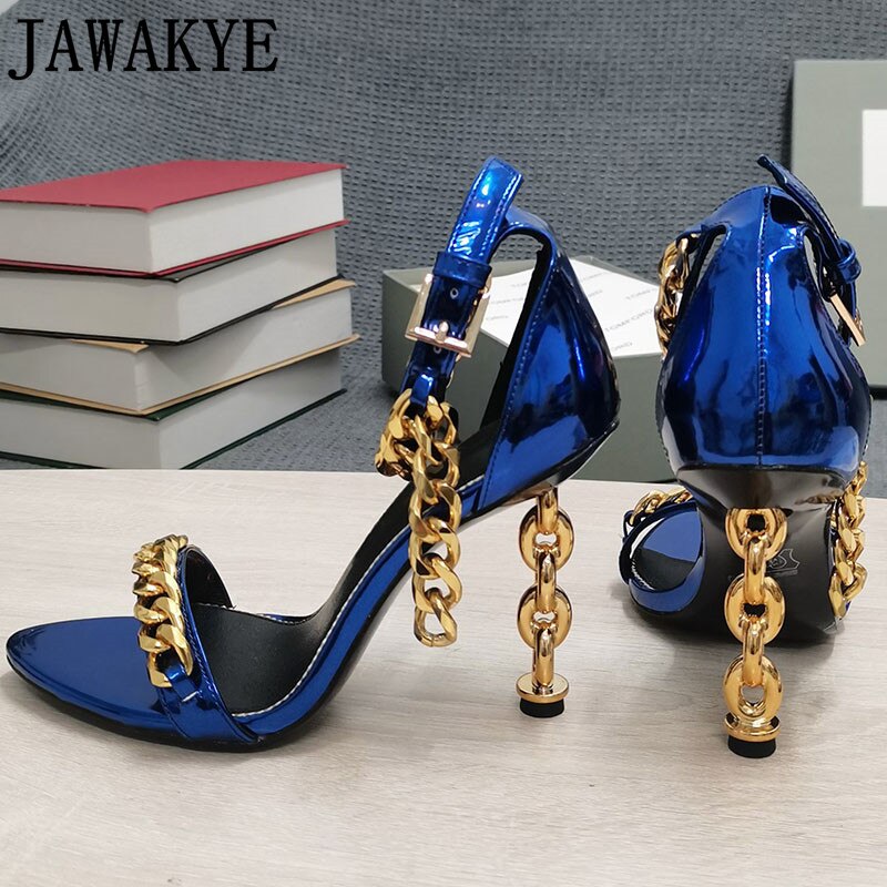 Luxury Gold Chain Heel Sandals Summer Sexy Brand Ankle Strap Party Shoes High Heel Sandals Celebrity Women Dress Shoes