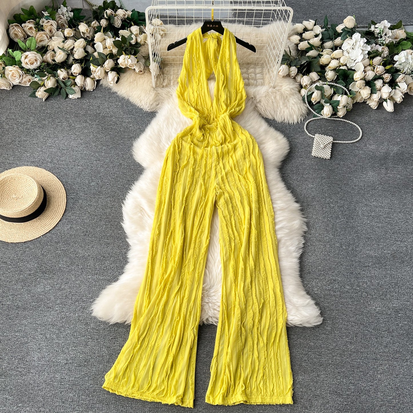 V-neck hanging neck open back jumpsuit high waisted casual vacation pants