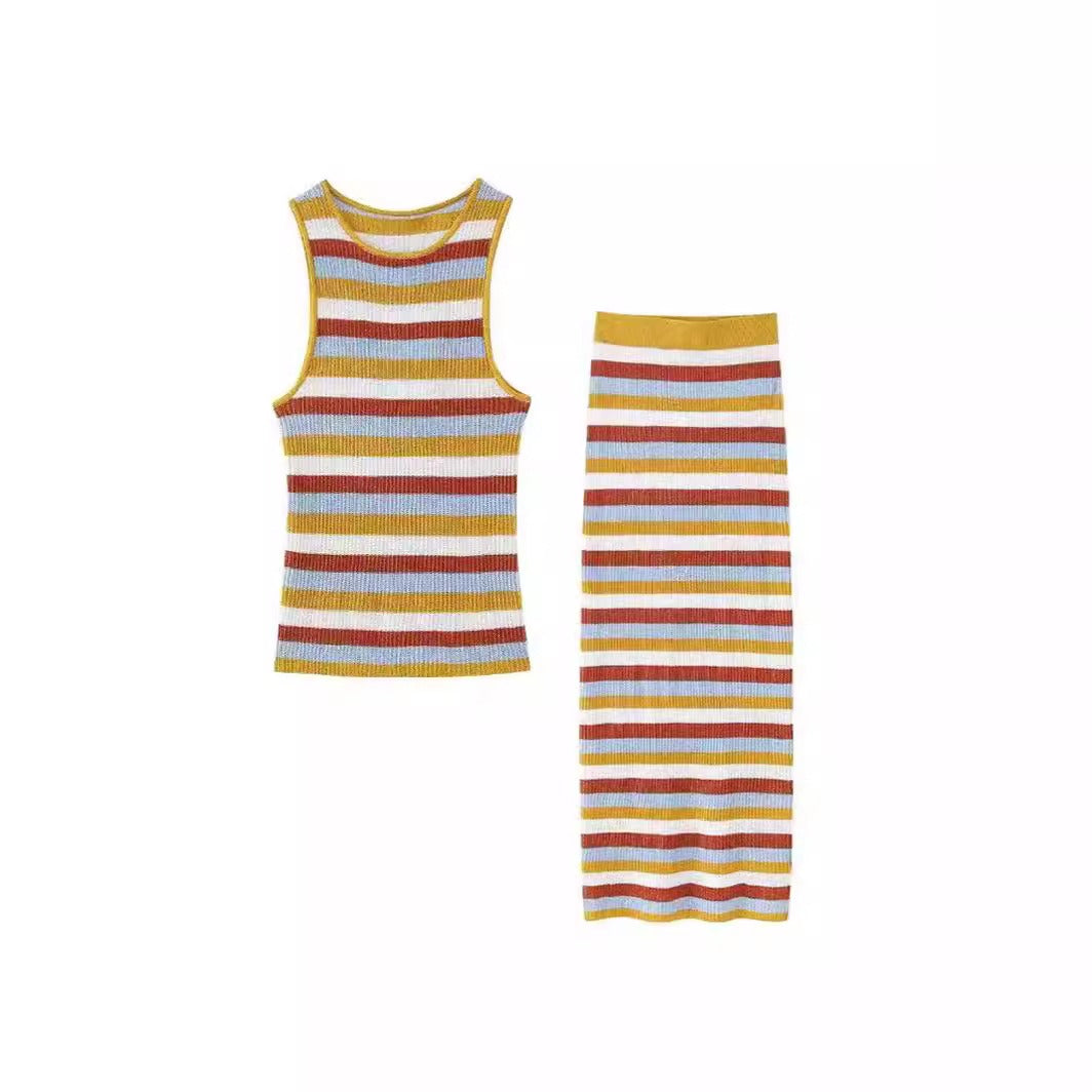 Sexy sleeveless striped knitted vest for women's outer wear plus European and American style slim long skirt