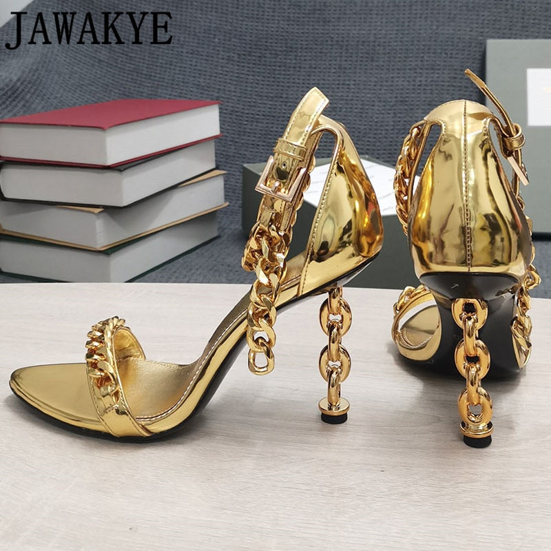 Luxury Gold Chain Heel Sandals Summer Sexy Brand Ankle Strap Party Shoes High Heel Sandals Celebrity Women Dress Shoes