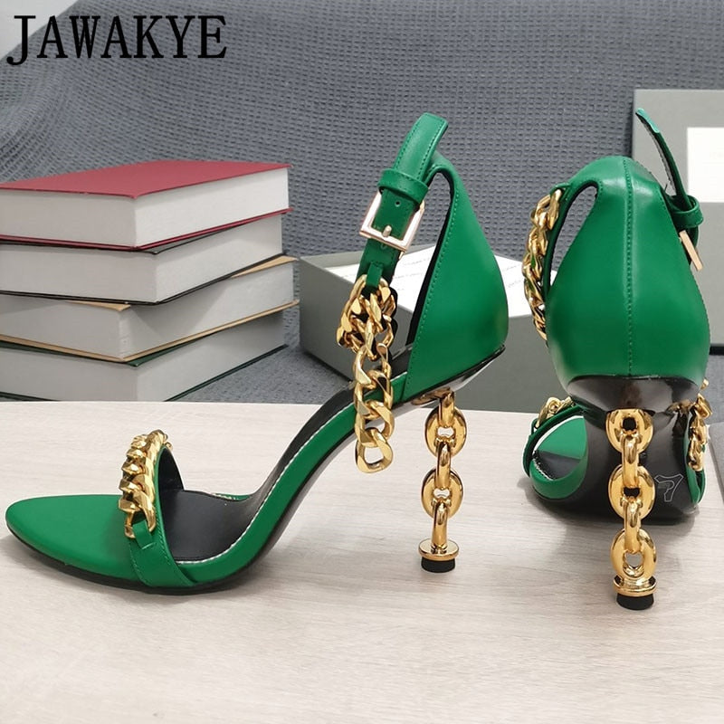 Luxury Gold Chain Heel Sandals Summer Sexy Brand Ankle Strap Party Shoes High Heel Sandals Celebrity Women Dress Shoes