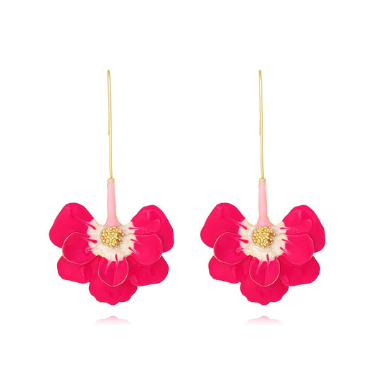 Purple Oil Dropping Flower Earrings Exaggerate Long Alloy Flower Earhooks