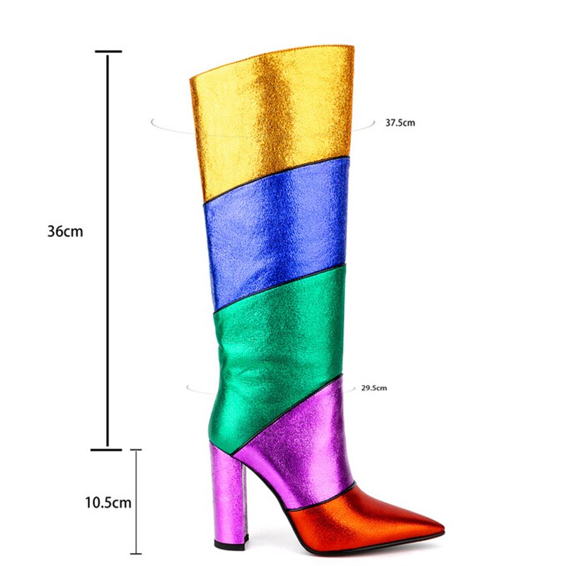 Colors Patchwork Women Rainbow Knee High Boots Big Size 44 High Chunky Heels Long Booties Custom Logo Ladies Shoes