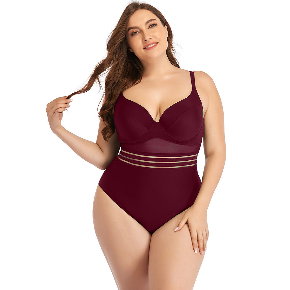 Large Size Swimsuit Women's One-Piece Plus Fat Mesh Hard Cup Plain Color Swimsuit