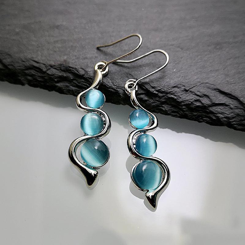 Fashion Beaded Earrings Resin Stone Blue Moonstone Dangle Long Jewelry Charm Silver Color Twist Hook Earring For Women