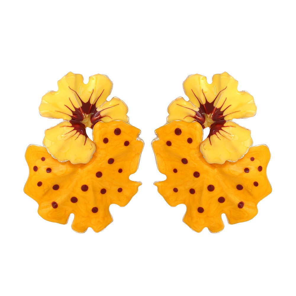 Light Luxury Storm Drops Oil Leaves Flowers Exaggerate Enamel Flower Leaves Earrings