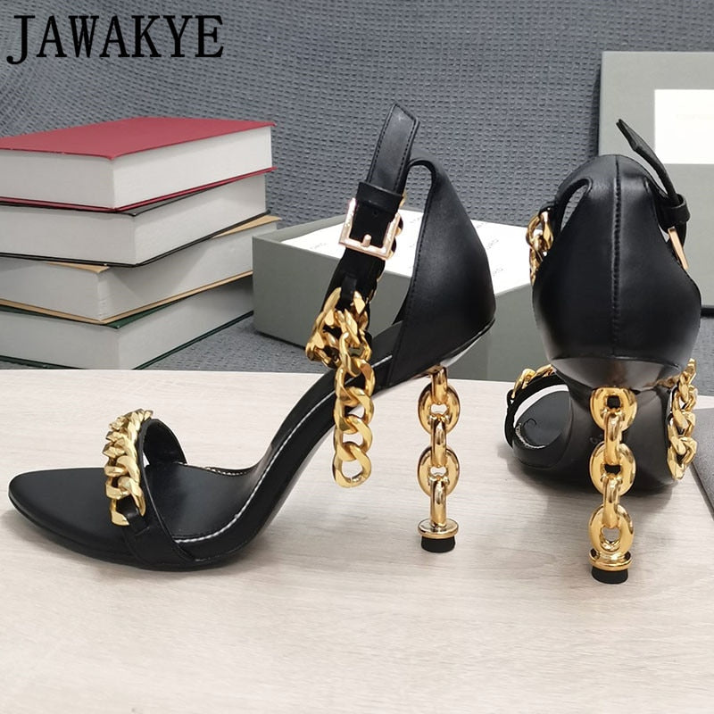 Luxury Gold Chain Heel Sandals Summer Sexy Brand Ankle Strap Party Shoes High Heel Sandals Celebrity Women Dress Shoes