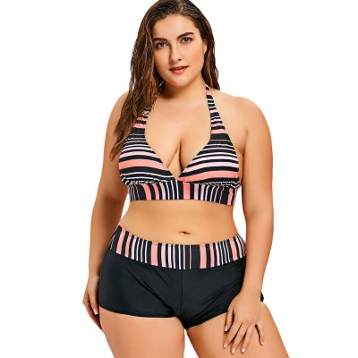 Striped Plus Size Plunge Boyshort Bikini