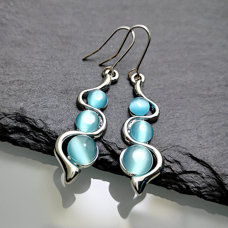 Fashion Beaded Earrings Resin Stone Blue Moonstone Dangle Long Jewelry Charm Silver Color Twist Hook Earring For Women