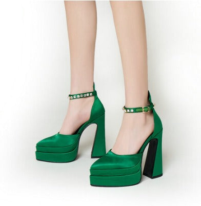 Rhinestone Sandals, Thick Soled Silk Satin, Mary Jane Shoes, Womens Thick Heeled Platform, Straight Line With High Heels