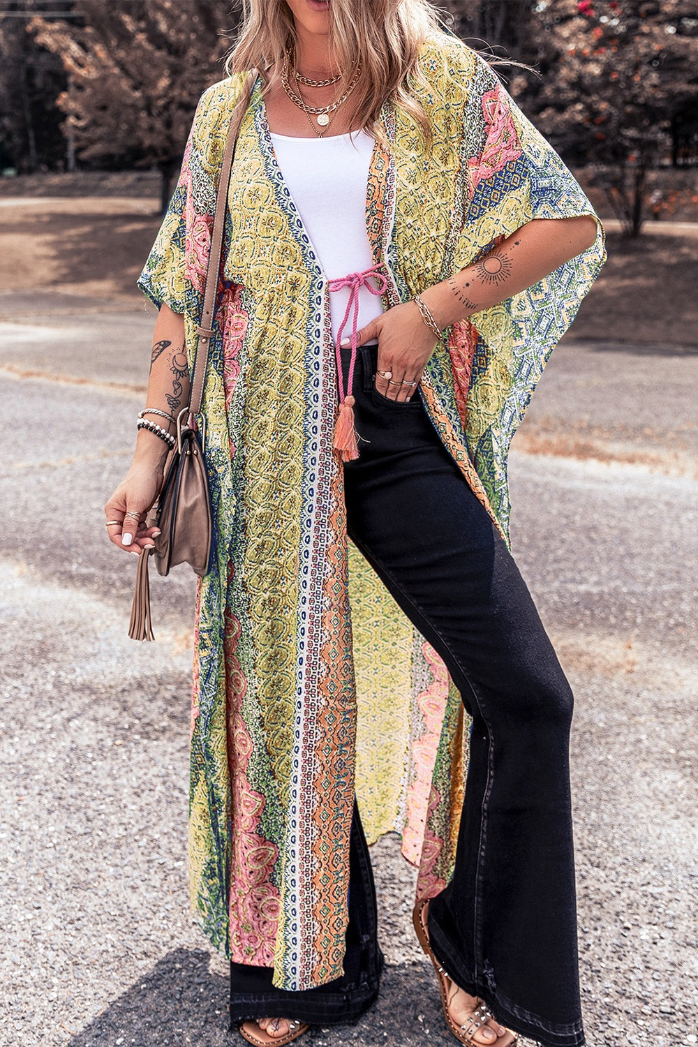 Drawstring Printed Kimono Sleeve Cover Up