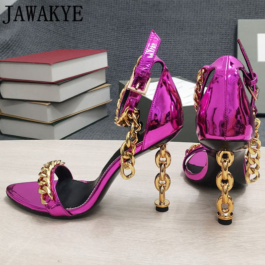 Luxury Gold Chain Heel Sandals Summer Sexy Brand Ankle Strap Party Shoes High Heel Sandals Celebrity Women Dress Shoes