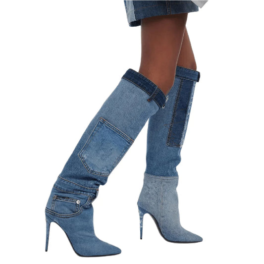 Women Worn Washed Cloth Over The Knee Boots Sexy Ladies Dilapidated  Blue Denim Pocket Pointed Toe High Heels Party Shoes