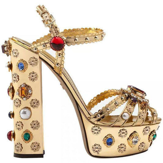 Gold Sandals Crystal Pearl Decor Platform Heels Chunky Heel Women Summer Shoes Luxury Colorful Open Toe Lady Elegant Sandals